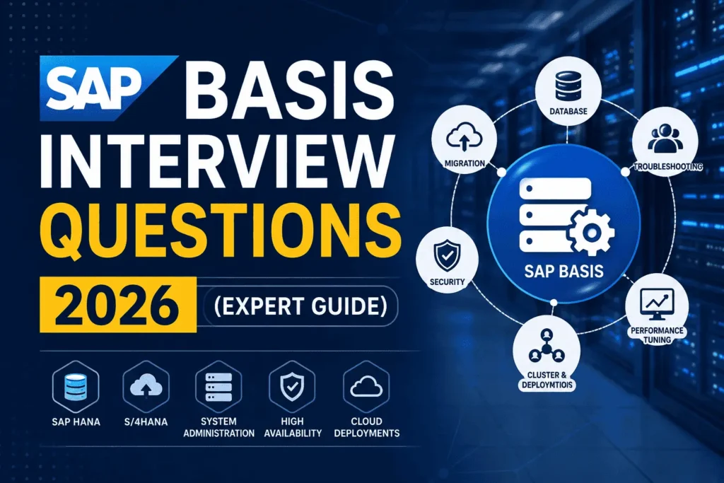 SAP BASIS Interview Questions 2026 expert guide covering S/4HANA, HANA, SUM with DMO, Azure, and troubleshooting scenarios